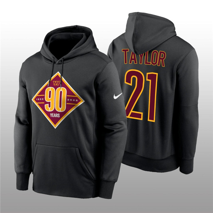 Men's Washington Commanders #21 Sean Taylor Black 90th Anniversary Performance Pullover Hoodie Men's Washington Commanders #21 Sean Taylor Black 90th Anniversary Performance Pullover Hoodie